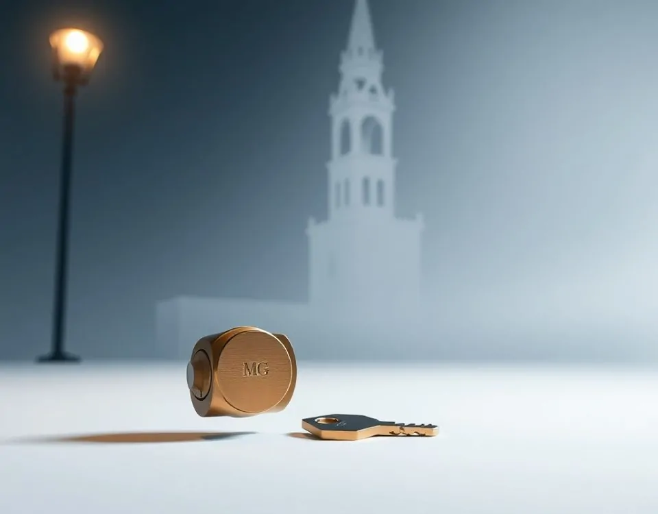 Cerradura de bronce mate y llave flotan en un fondo limpio, sugiriendo urgencia en Mataró para cambiar cerraduras.