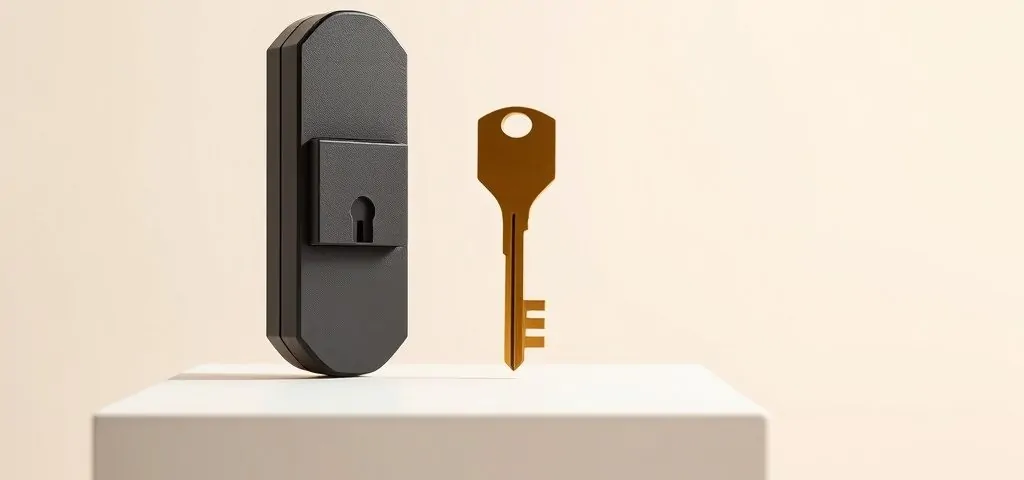 Cerradura euro y llave moderna sobre un plinto blanco, resaltando opciones confiables para cambiar cerraduras en Mataró.