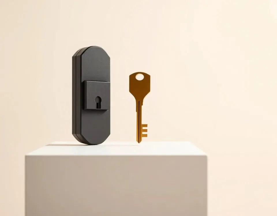 Cerradura euro y llave moderna sobre un plinto blanco, resaltando opciones confiables para cambiar cerraduras en Mataró.