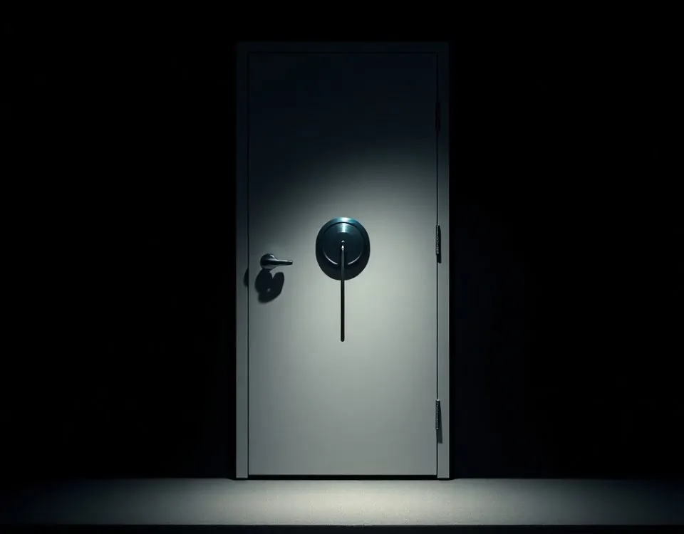 Composición minimalista con puerta y cerradura, evocando tensión; ideal para ilustrar "Que tipos de cerrajerias en Mataro ofrecen servicios urgentes de apertura de puertas".