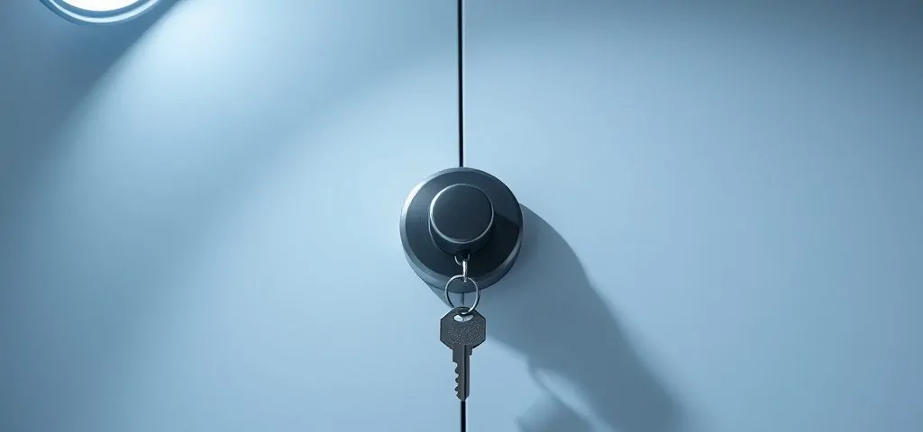 Cerradura de acero mate y llave geométrica sobre fondo blanco; imagen que evoca "Que servicios de cerrajeria ofrecen mejor seguridad en Mataro".