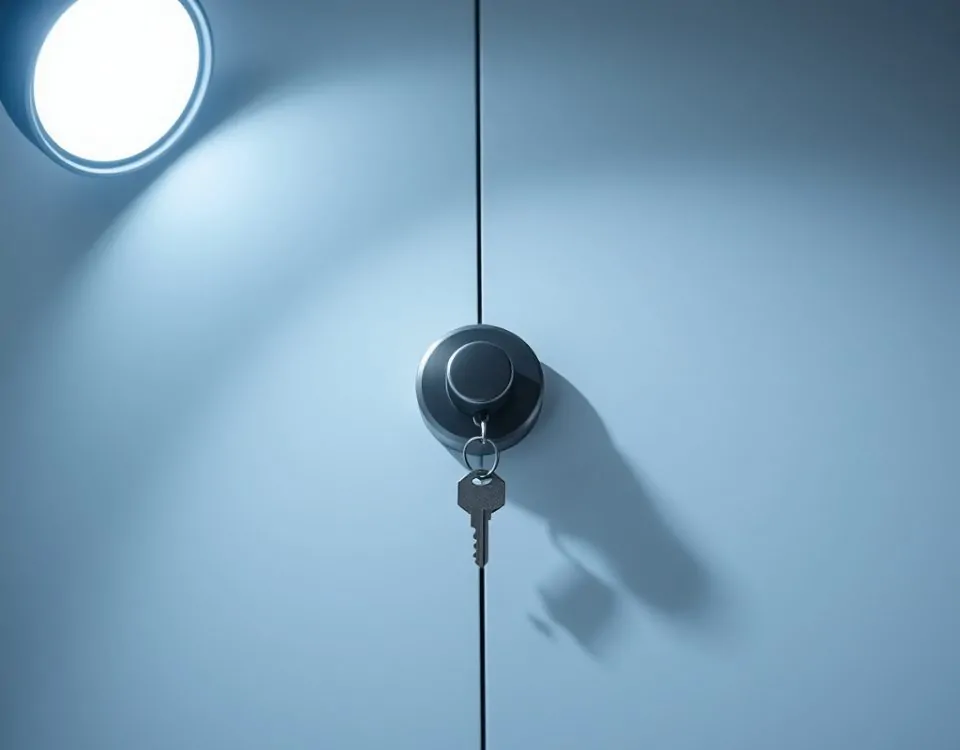 Cerradura de acero mate y llave geométrica sobre fondo blanco; imagen que evoca "Que servicios de cerrajeria ofrecen mejor seguridad en Mataro".