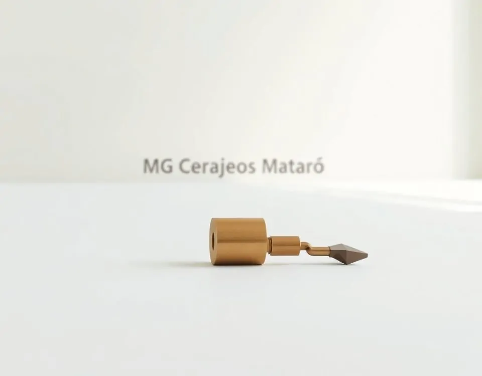 Un cilindro de cerradura y una llave geométrica sobre una mesa blanca, con la costa de Mataró en el horizonte. Donde puedo encontrar un cerrajero de confianza para cambiar cerraduras en Mataro.