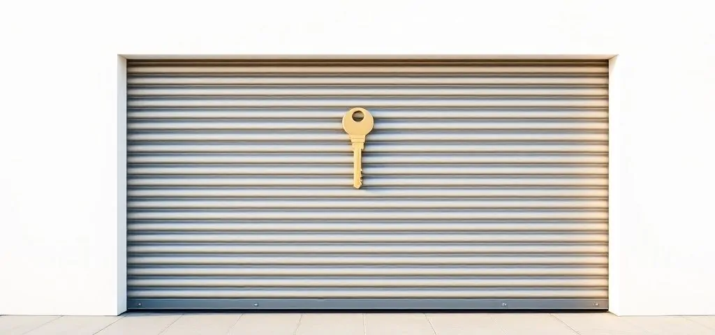 Panel de garaje de acero mate con llave de bronce, fondo blanco y cielo claro; ideal para encontrar un cerrajero de confianza para reparación de garajes en Mataró.