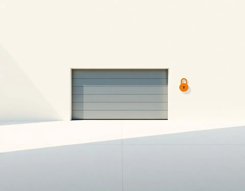 Puerta de garaje geométrica con candado, en un fondo suave, simboliza los servicios de cerrajería en Mataró.