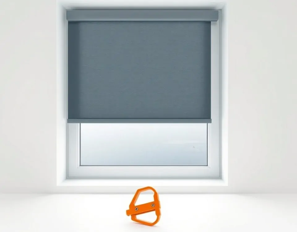 Ventana minimalista de estilo Bauhaus con persiana, herramienta naranja y horizonte mediterráneo; urgencia en el aire. Donde contratar un servicio urgente de reparacion de persianas en Premia de Mar.