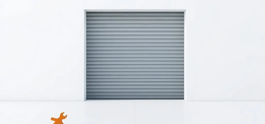 Puerta de garaje geométrica entreabierta sobre fondo blanco, con un icono de llave inglesa; opciones para reparar puertas de garaje en Mataró.