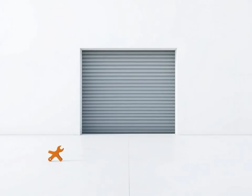 Puerta de garaje geométrica entreabierta sobre fondo blanco, con un icono de llave inglesa; opciones para reparar puertas de garaje en Mataró.