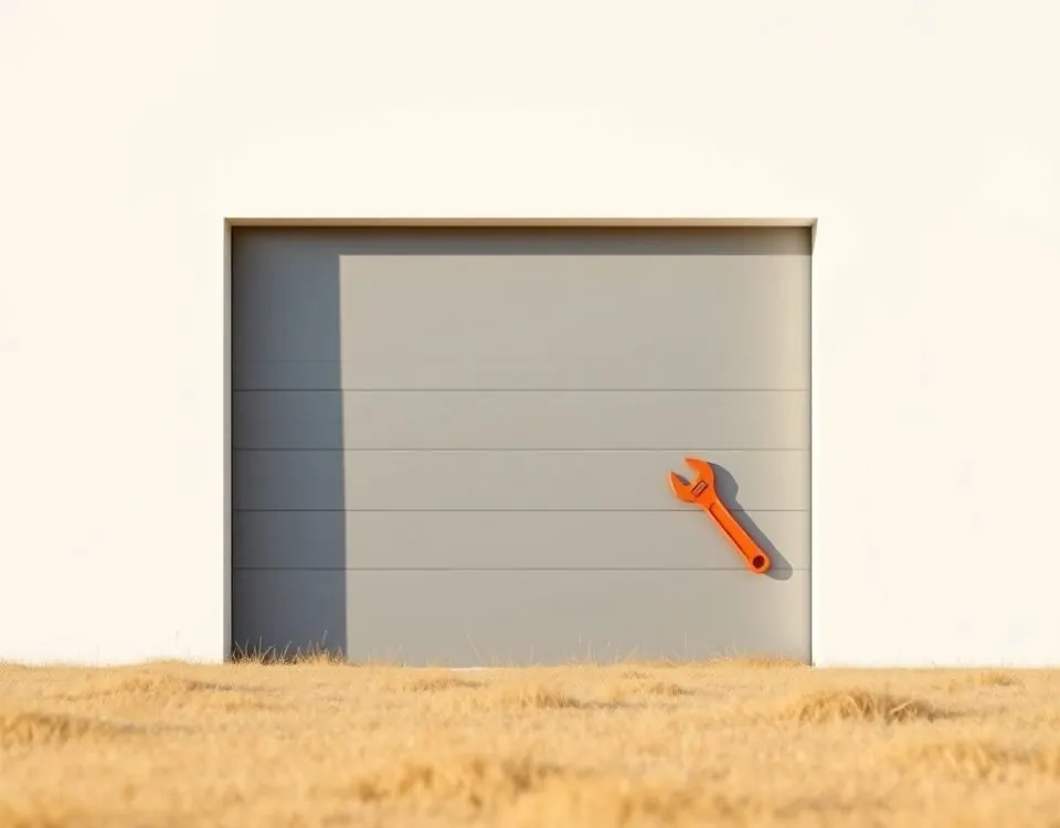 Puerta de garaje gris con panel superior entreabierto y llave coral, sobre fondo blanco, evoca tranquilidad y reparación. Donde puedo contratar un servicio economico para la reparacion de puertas de garaje en Mataro.
