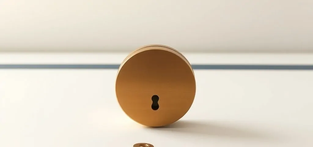 Un cilindro de cerradura de latón y una llave minimalista flotan sobre un fondo blanco, evocando servicios de cerrajería en Mataró.