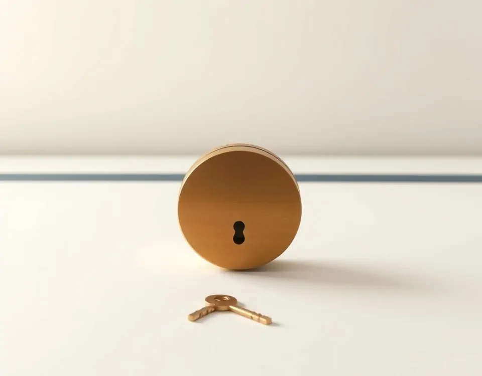 Un cilindro de cerradura de latón y una llave minimalista flotan sobre un fondo blanco, evocando servicios de cerrajería en Mataró.