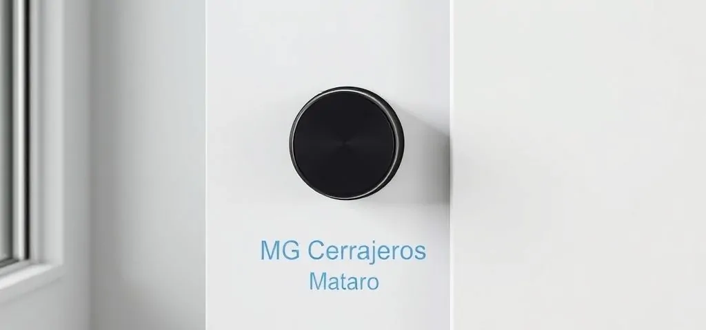 Cerradura cilíndrica negra en una puerta blanca con acento azul, representando la seguridad en Mataró.