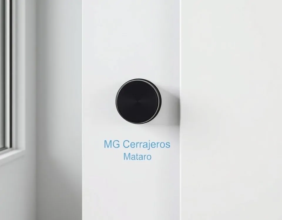 Cerradura cilíndrica negra en una puerta blanca con acento azul, representando la seguridad en Mataró.