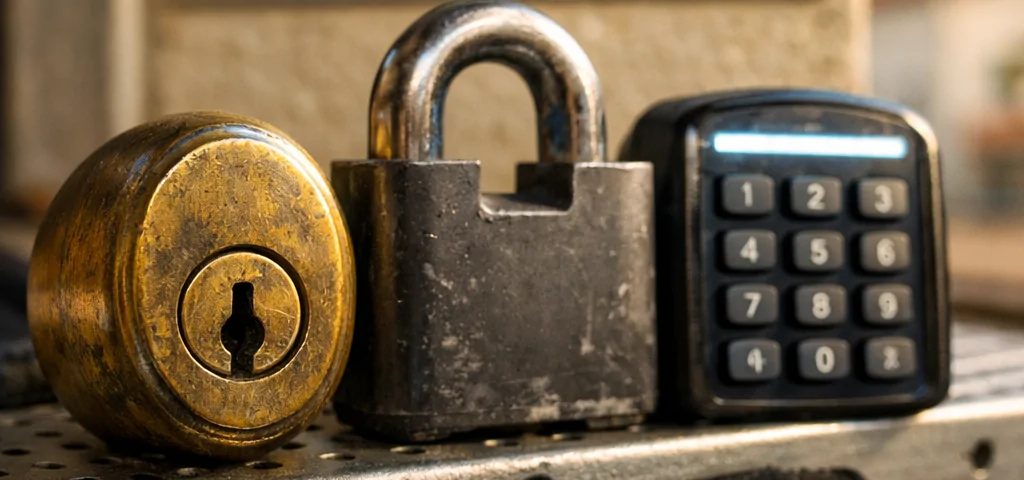 Macro de tres opciones de seguridad para puertas de garaje en Mataró: cilindro de bronce, candado de acero y teclado. Comparacion de servicios de cerrajeria para puertas de garaje en Mataro.