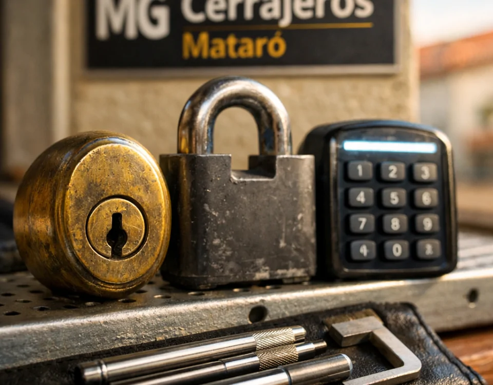 Macro de tres opciones de seguridad para puertas de garaje en Mataró: cilindro de bronce, candado de acero y teclado. Comparacion de servicios de cerrajeria para puertas de garaje en Mataro.