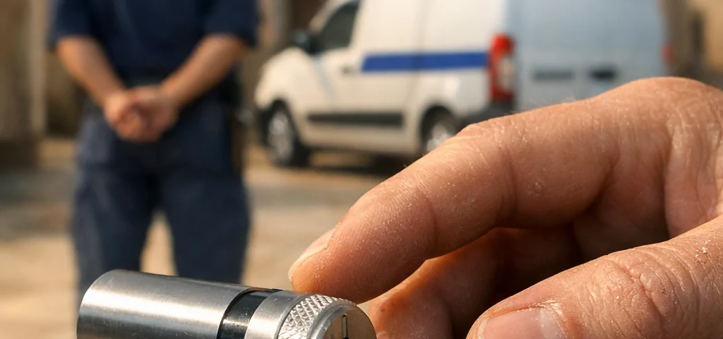 Primer plano de una mano cerca de un cilindro de acero, con fondo desenfocado de una escena en Mataró. Mejores servicios de cambio de cerraduras para puertas de garaje en Mataró.