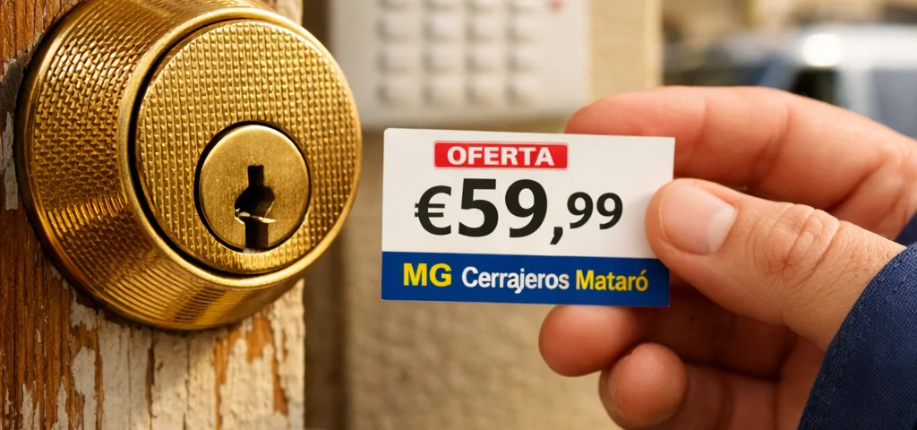 Cerca de una cerradura de bronce en una puerta de madera, un precio y una reseña resaltan: "Encuentra las mejores ofertas para cambiar cerraduras en Mataro".