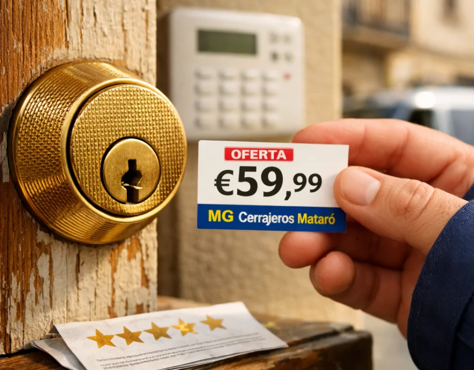 Cerca de una cerradura de bronce en una puerta de madera, un precio y una reseña resaltan: "Encuentra las mejores ofertas para cambiar cerraduras en Mataro".