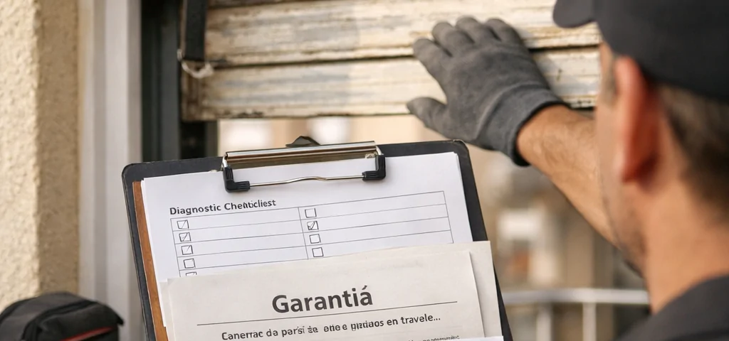 Técnico revisa persiana y documentos; Donde reparar persianas con garantia en Premia de Mar