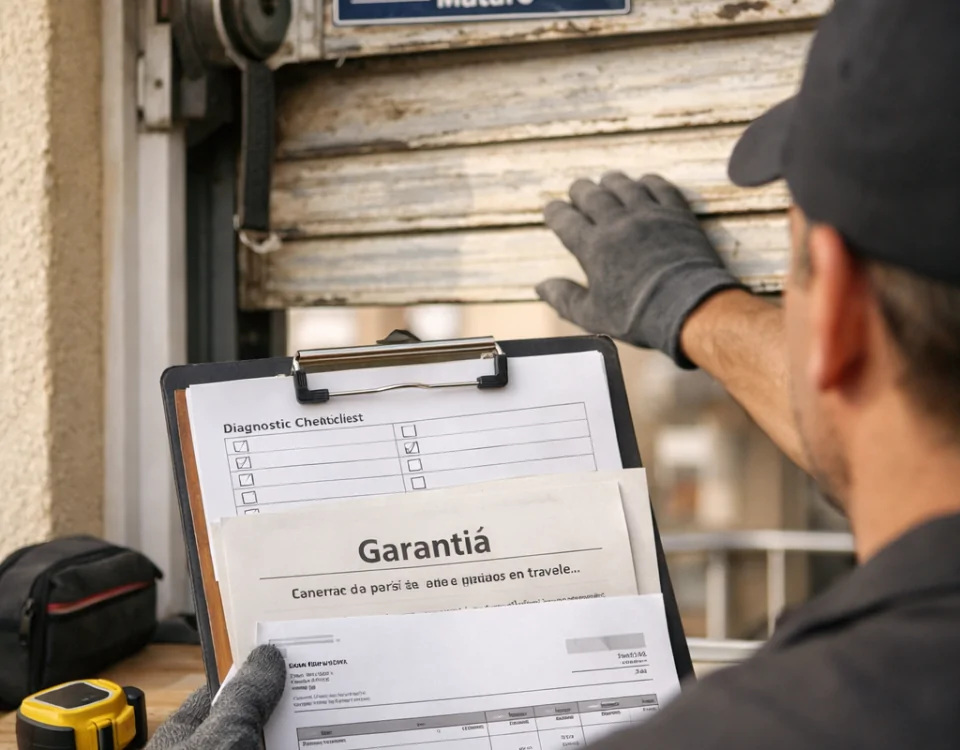 Técnico revisa persiana y documentos; Donde reparar persianas con garantia en Premia de Mar