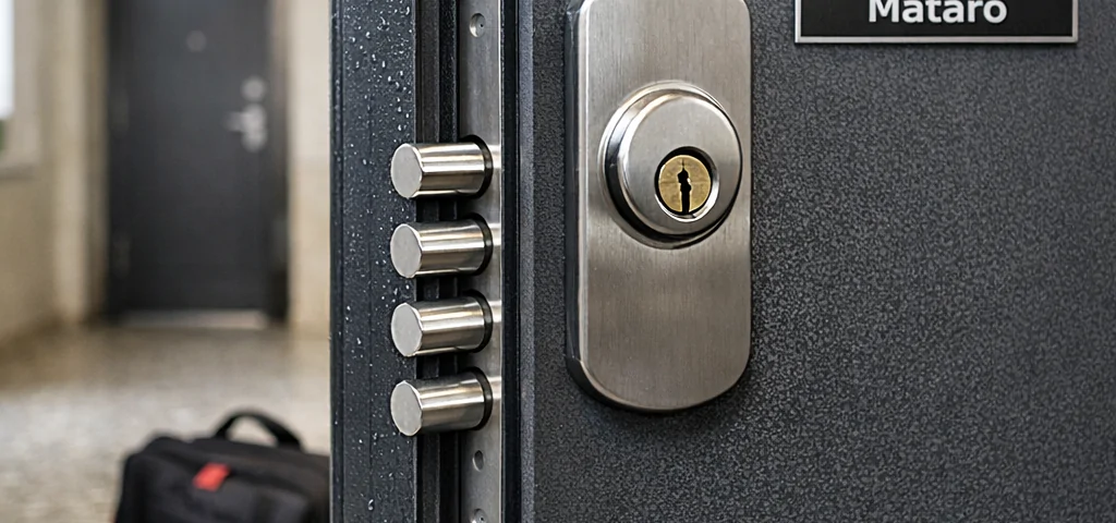Puerta blindada gris instalada en edificio de Mataró, con cerradura multipunto y marco reforzado. Cuales son las mejores puertas blindadas para seguridad en Mataro