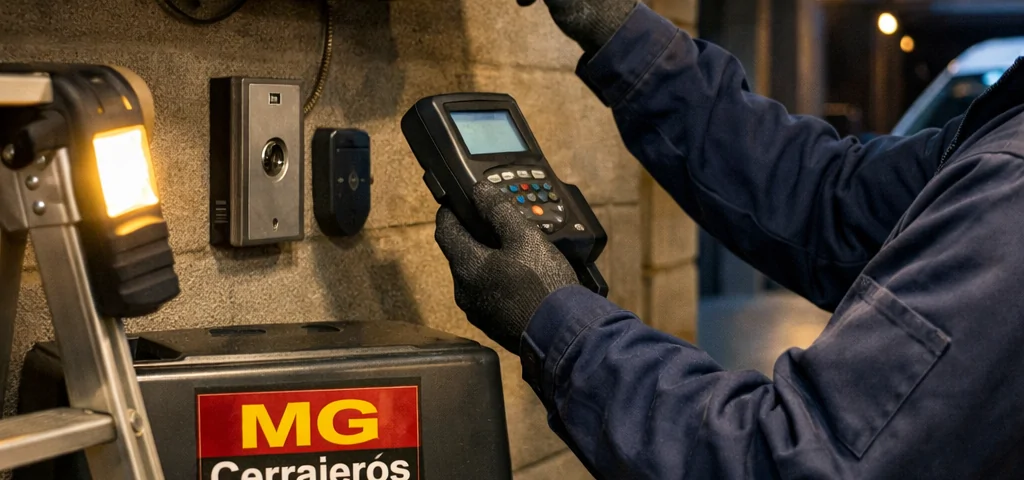 Encuentrame un cerrajero en Mataro especializado en puertas de garaje revisando el motor con tester y destornillador.