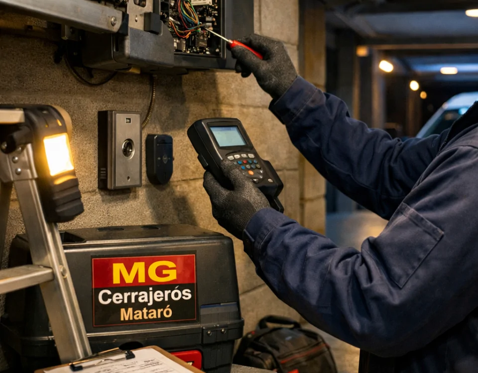 Encuentrame un cerrajero en Mataro especializado en puertas de garaje revisando el motor con tester y destornillador.