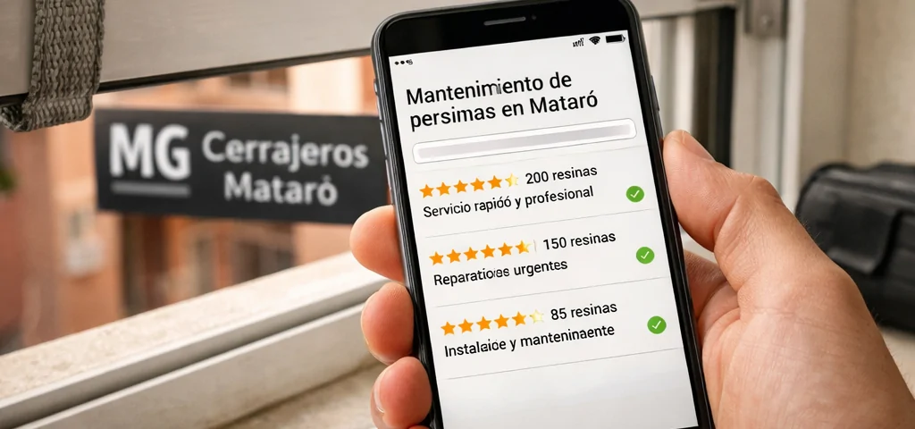 Mano sostiene móvil con “Mantenimiento de persianas en Mataró”; checklist y presupuesto en el alféizar. Mejores opciones para el mantenimiento de persianas en Mataro donde puedo encontrarlas