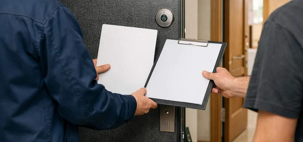 Cerrajero en Mataró entrega garantía junto a una puerta blindada recién instalada; residente y técnico aparecen de espaldas.