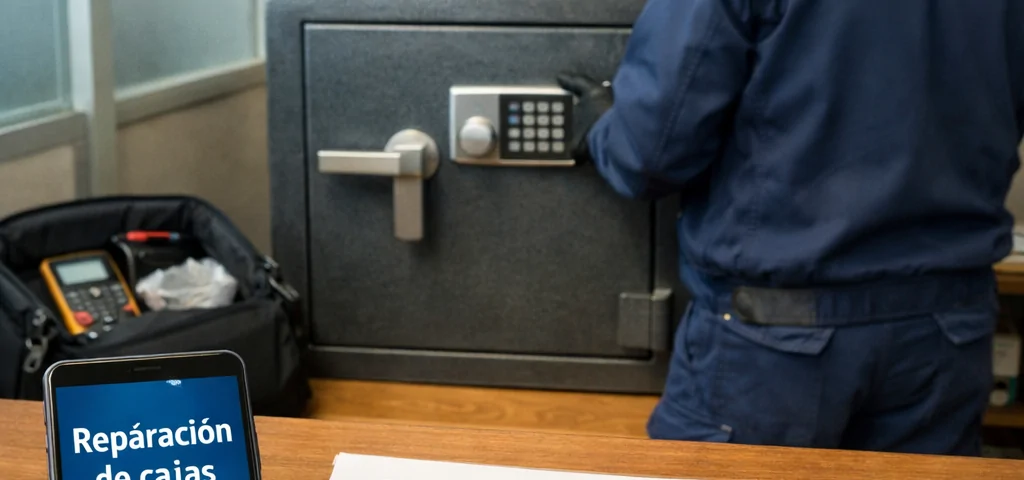 Cerrajero examina una caja fuerte en Mataru00f3; mu00f3vil muestra servicio de reparaciu00f3n y presupuesto. Donde puedo contratar un servicio de reparacion de cajas fuertes en Mataro