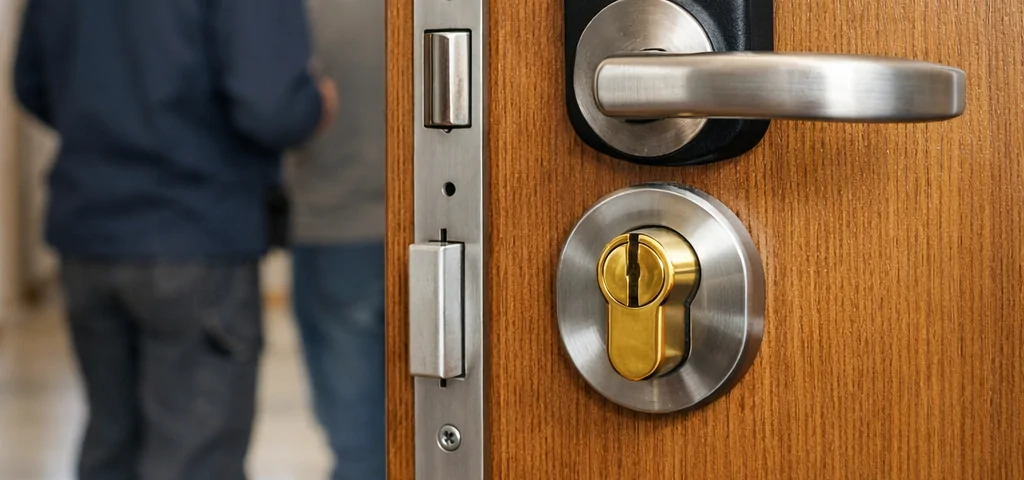 Puerta de entrada en Mataru00f3 con cilindro, cerradura y teclado inteligente; cerrajero y propietario al fondo. Cuales son las mejores opciones para el cambio de cerraduras en Mataro