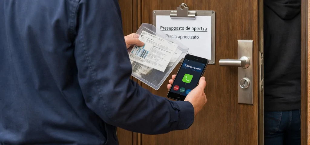 Cerrajero y residente con presupuesto y documentos ante puerta intacta; mu00f3vil: u201cLlamada en cursou201d. Donde puedo encontrar el servicio mas rapido de apertura de puertas en Mataro