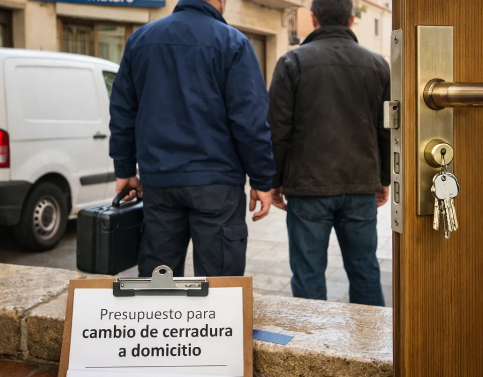 Cerrajero y cliente de espaldas junto a una entrada en Mataru00f3; Encuentra un servicio de cerrajeria en Mataro que ofrezca cambio de cerraduras a domicilio.